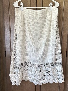 Studio West White Crochet Midi Skirt Size Large with Lace Hem